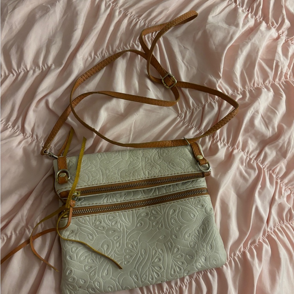 Embossed Cream and Tan Crossbody Bag made in Italy